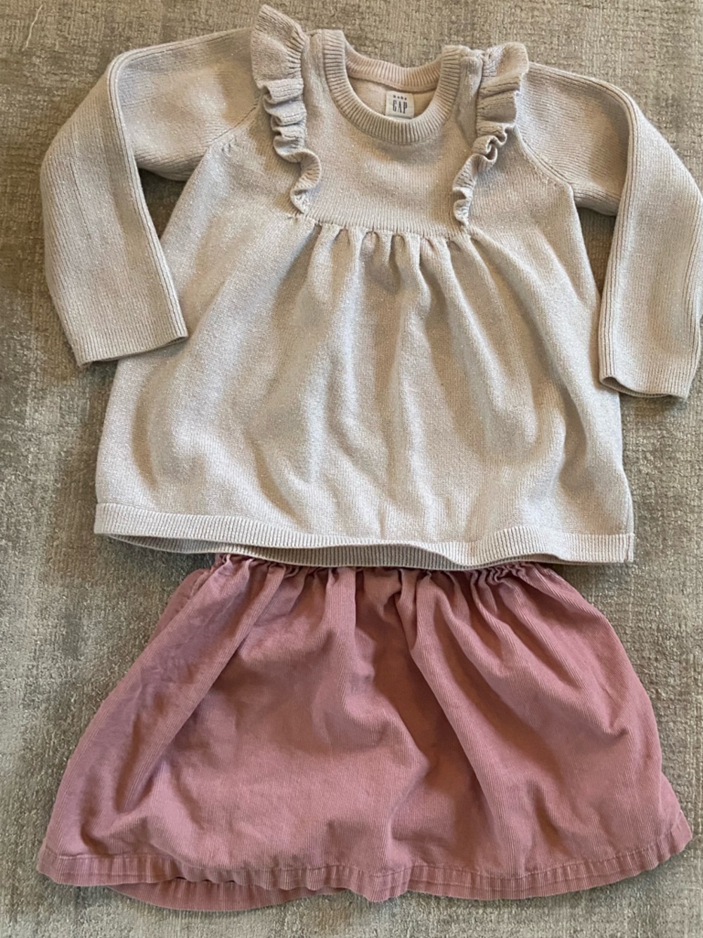 Baby Gap Girls metallic cream gold sweater with sweet pink corduroy skirt